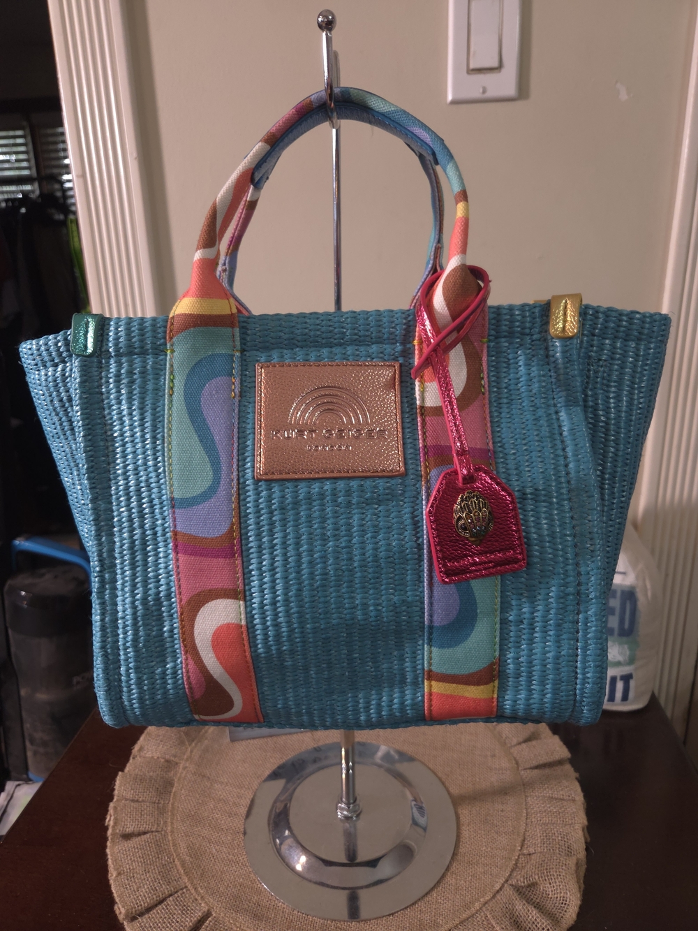 Kurt Geiger Turquoise Woven Tote with Multicolor Handles